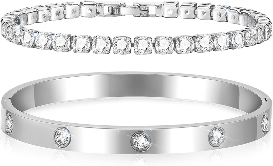 Tennisarmband Damen Zirkonia Armreif : 2Pcs Armband für Frauen Edelstal 6mm Breit 17/19cm Armbä... | Amazon (DE)