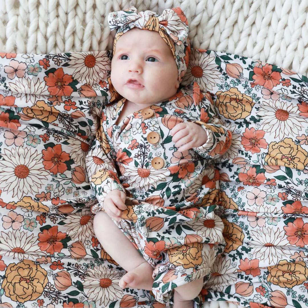 Stevie's Sunset Floral Newborn Baby Knot Gown & Hat Set | Caden Lane