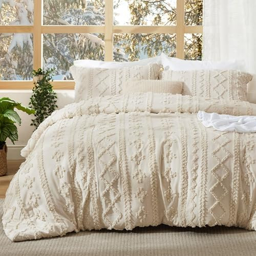 Bedsure Tufted Boho Comforter Set Queen Size - Beige Boho Bed Set, GentleSoft™ 3 Pieces Farmhou... | Amazon (US)