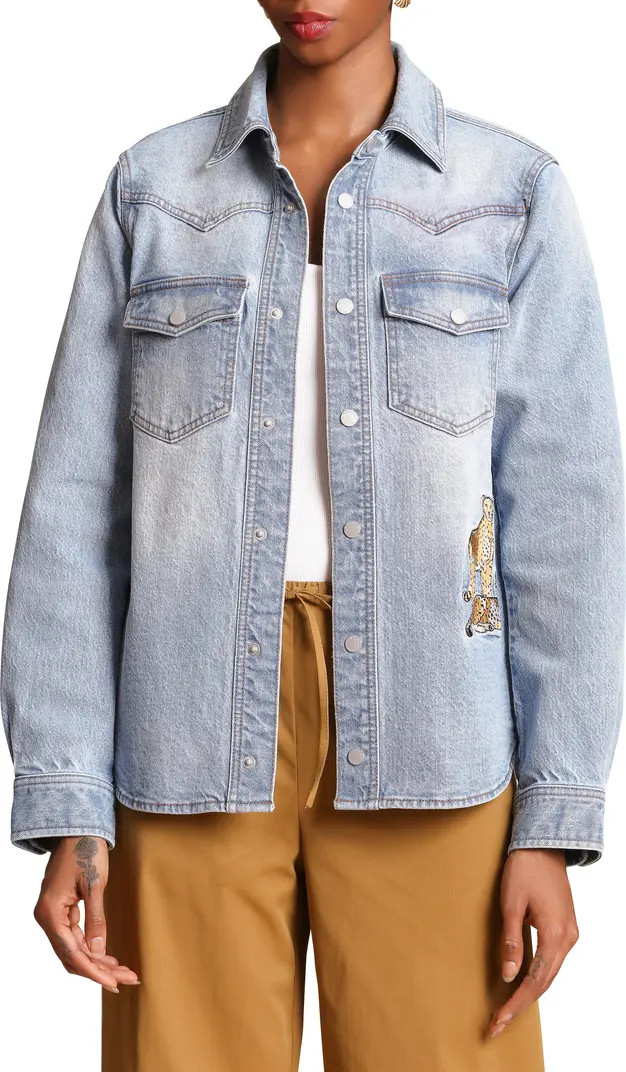 Cheetah Embroidered Stretch Denim Shirt Jacket | Nordstrom
