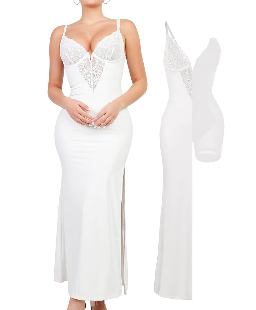 Popilush Maxi Dresses for Women Deep V Neck Shapewear Lace Satin high Slit Bodycon Cocktail Dress... | Amazon (US)