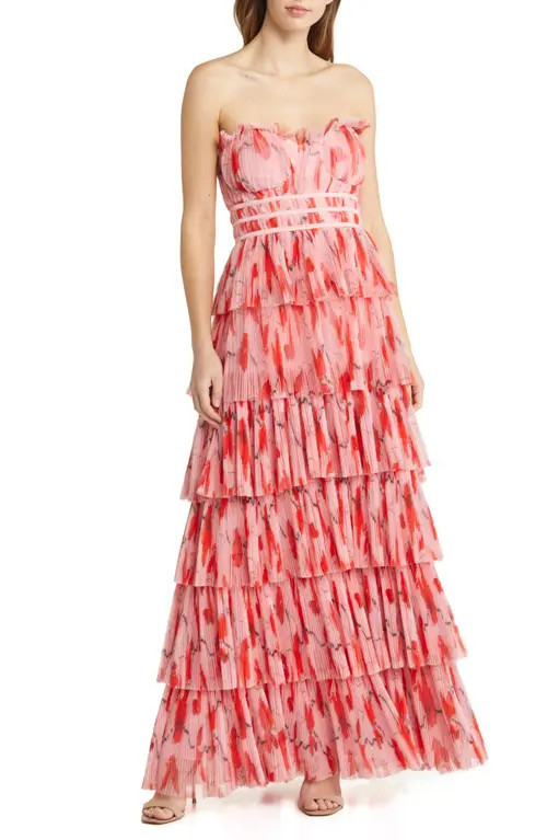 Hutch Monaco Strapless Ruffle Tiered Plissé Gown in Blush Red Poppies Tulle at Nordstrom, Size 14 | Nordstrom