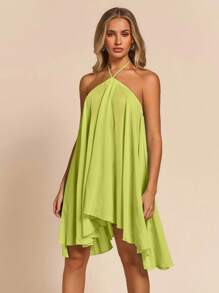 Glamine Women's Casual Sexy Beach Vacation Style Solid Color Asymmetrical Hem Backless Halter Dre... | SHEIN