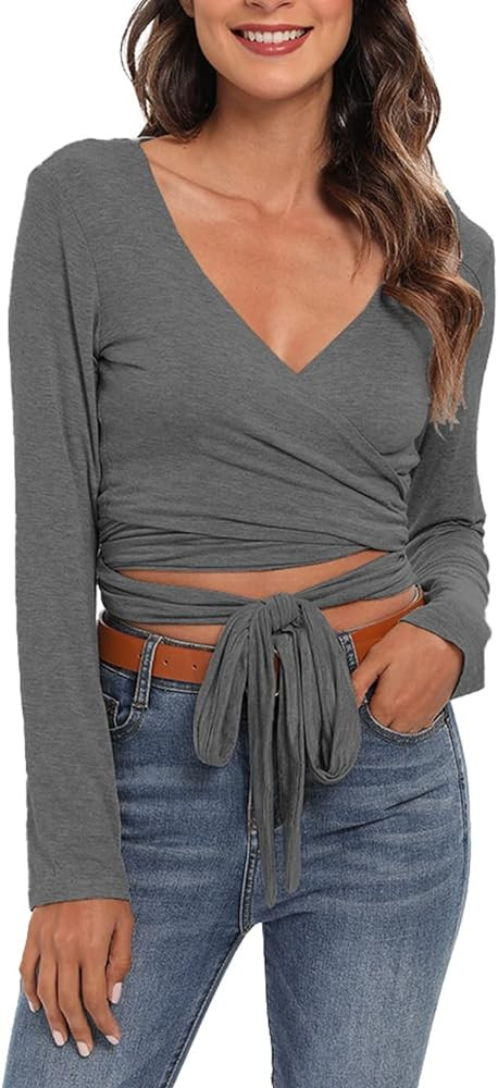 Famulily Women's Sexy Deep V Neck Bandage Surplice Wrap Crop Top | Amazon (US)
