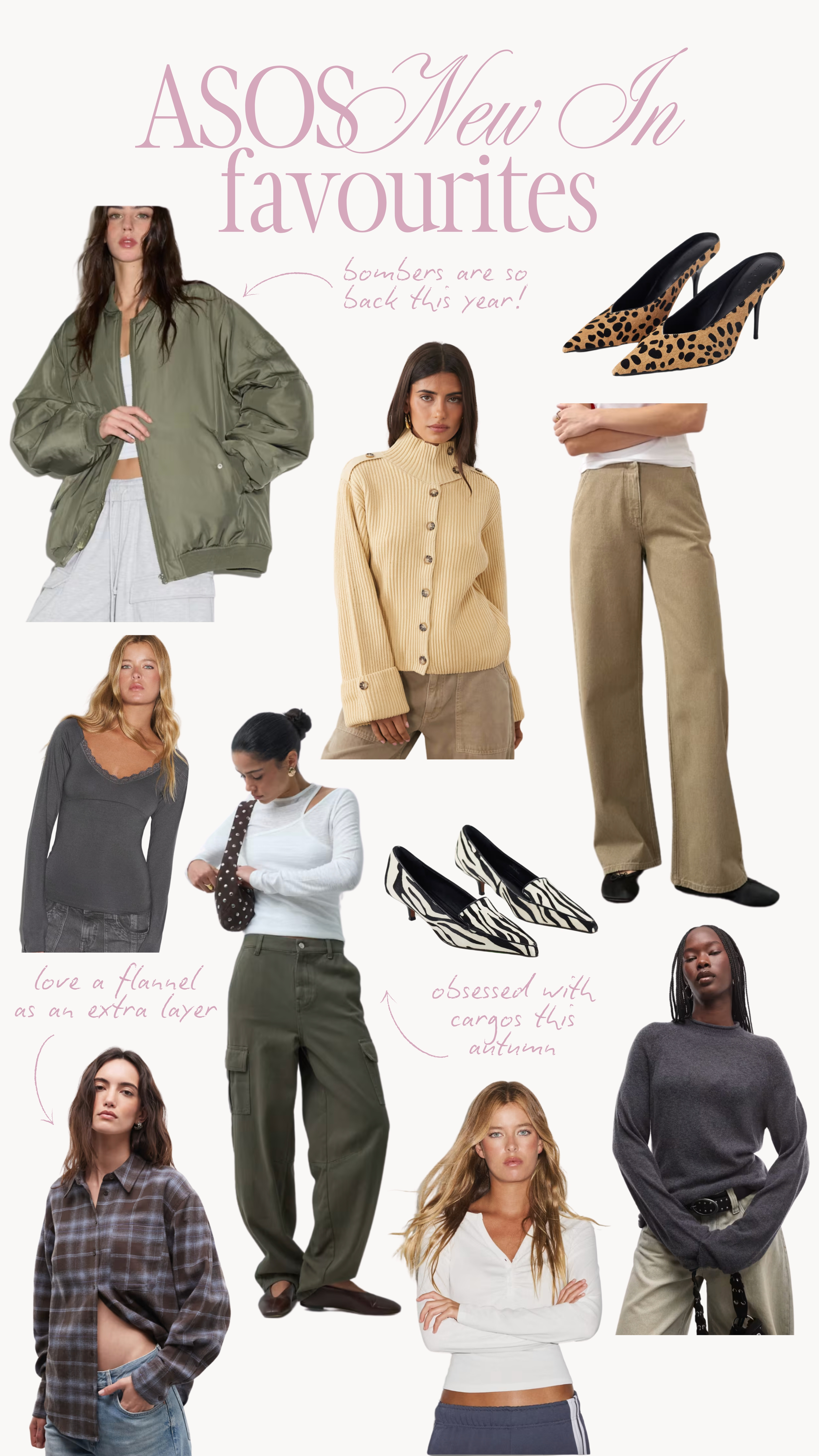 ASOS new in faves 🩷

bomber jacket, autumn knitwear, check shirt, flannel shirt, long sleeve t shirt, henley top, beige jeans, straight leg jeans, cardigan, high neck, autumn jacket, animal print, heels 

 #LTKuk #LTKautumn #LTKjeans