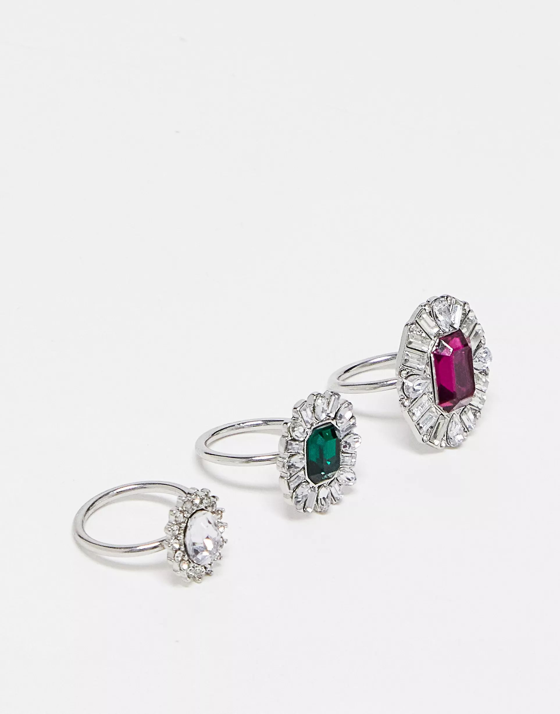 River Island pack of 3 jewel cocktail rings in silver tone | ASOS (Global)