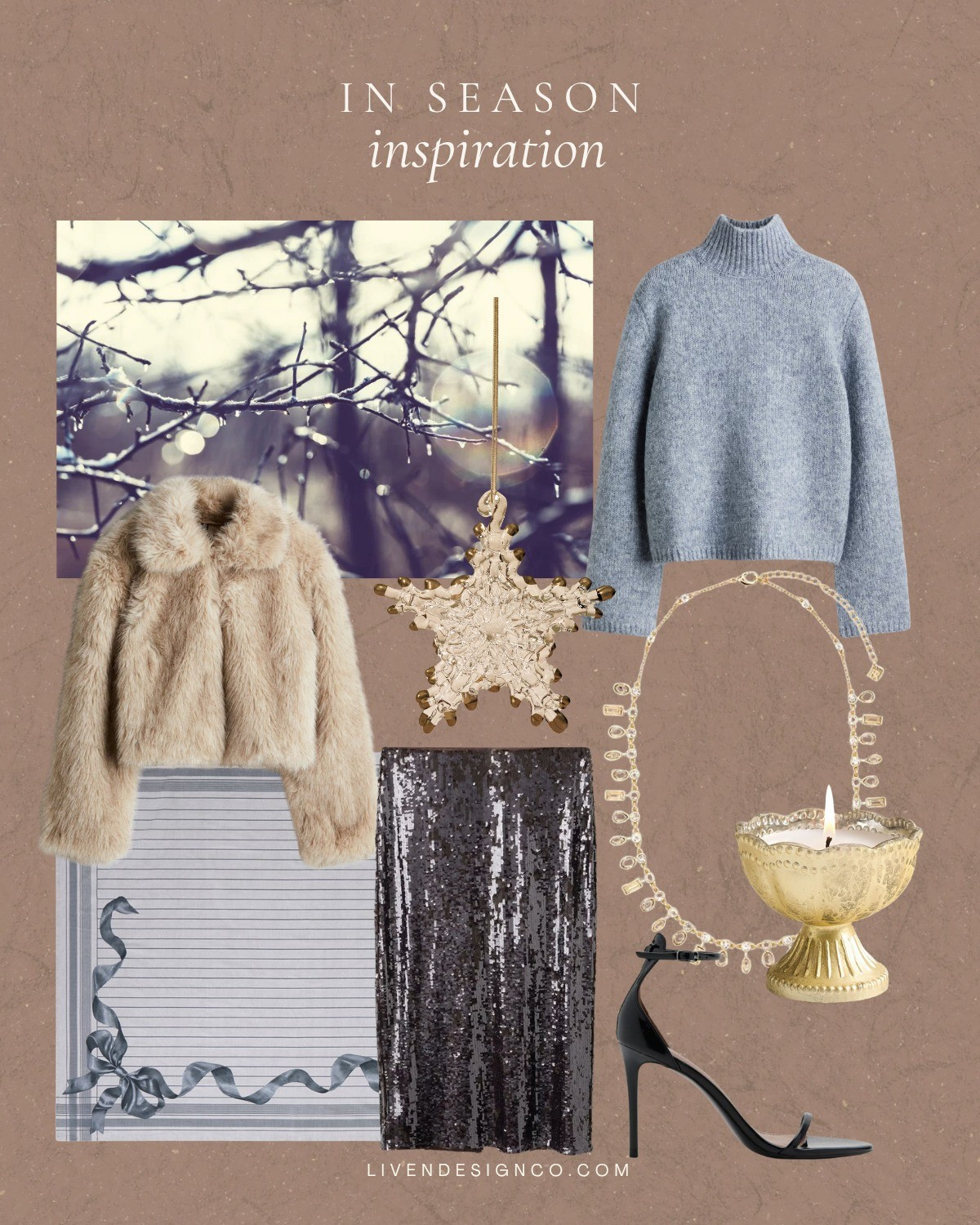 Style inspiration. Winter decor. Cozy sweater. Sequin skirt. Sparkle skirt. Holiday party. Mercury glass candle. Statement necklace. Black heels. Bow tablecloth. Fur fluffy coat. Ornaments

#LTKHoliday #LTKSeasonal #LTKFindsUnder50