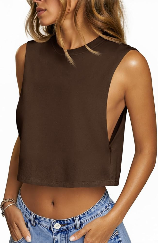 Fisoew Womens Workout Cropped Tank Tops Boxy Loose Fit Casual Sleeveless Shirts Athletic Crew Nec... | Amazon (US)