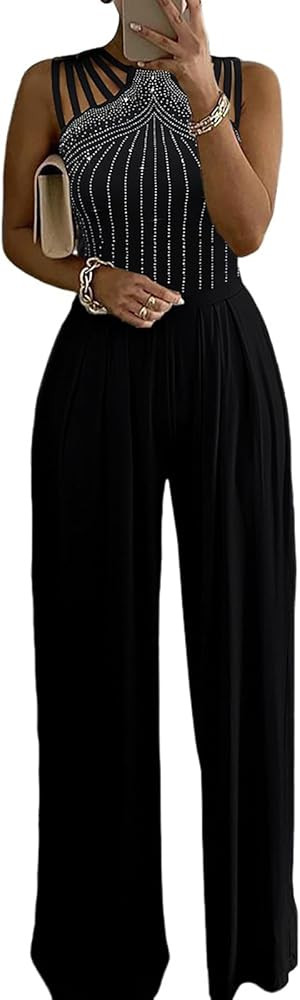 CHICME Women's One Piece Jumpsuit Rhinestone Cutout Ruched Wide Leg Jumpsuit Overall Long Pants | Amazon (US)