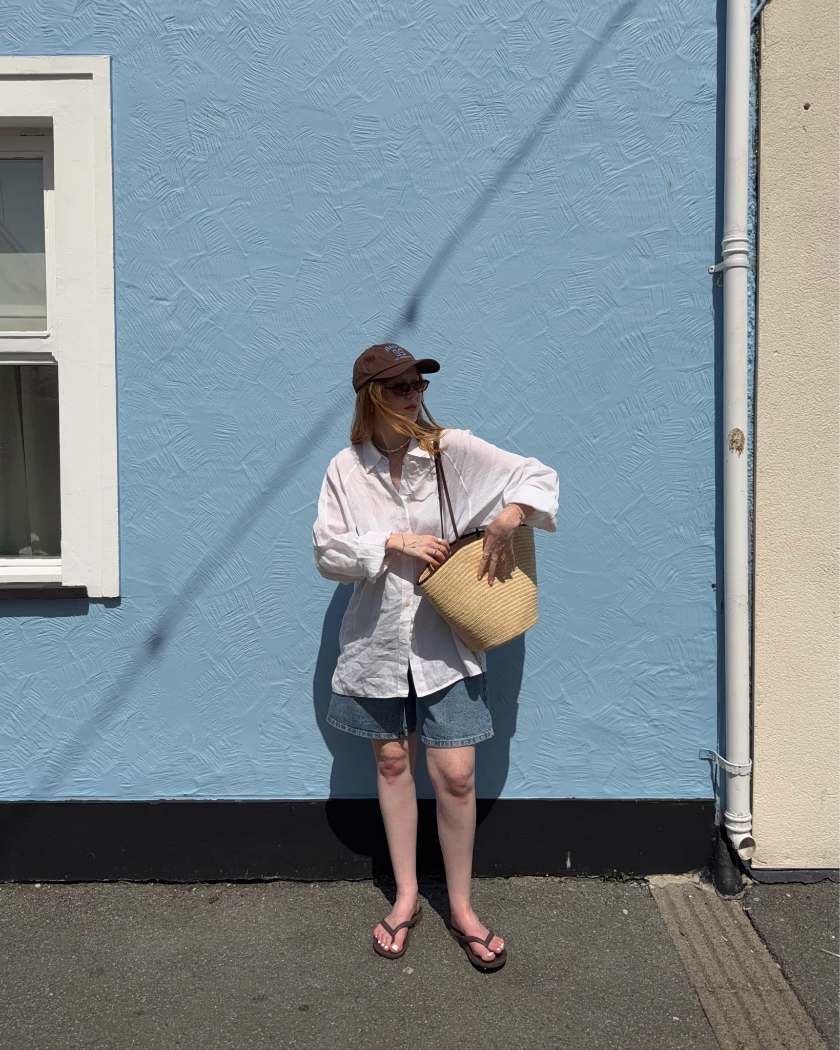 Arket Linen Shirt, Mango Denim Shorts, Archie’s Flip Flops, Summer Bag, Basket Bag