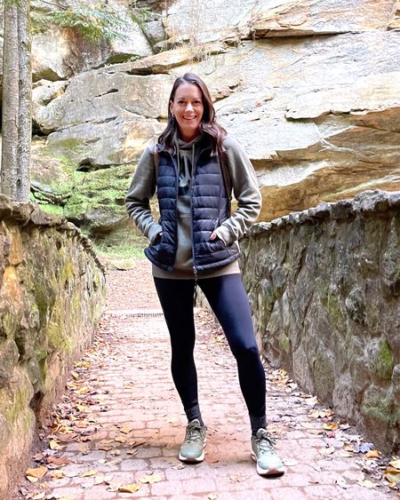 Hiking outfit - amazon black leggings (true to size wearing a small), sneakers puffer vest (true to size wearing a small), Walmart mens sweatshirt (true to size wearing a small), new balance hiking trail shoes (size up), winter socks

#LTKSeasonal #LTKfit #LTKunder50