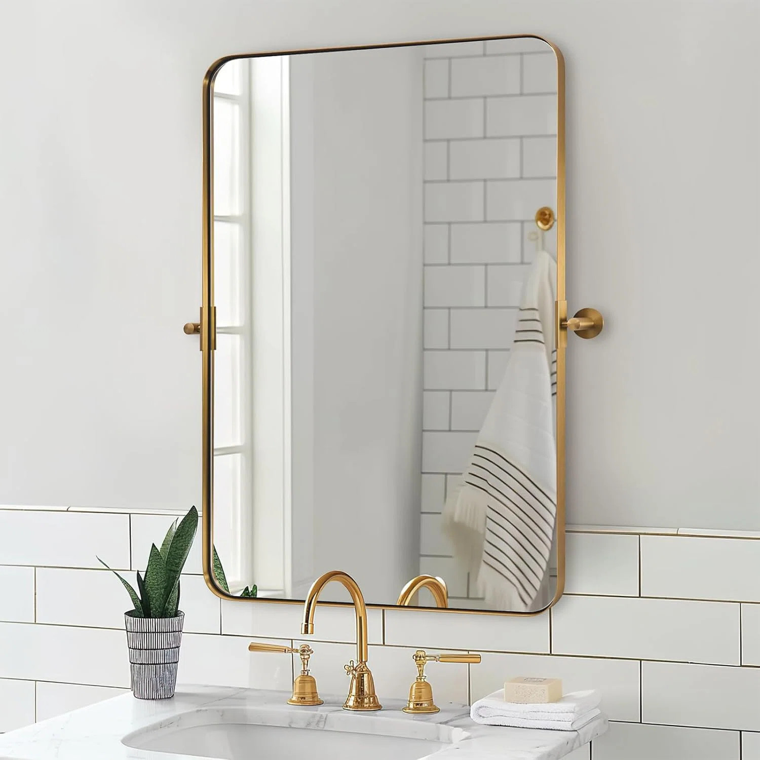 Modern Tilting Bathroom Vanity Wall Mirror | Stainless Steel Pivot Frame | Wayfair North America
