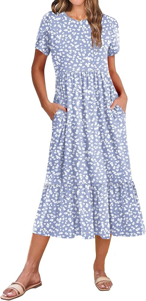 Zeagoo Women Summer Midi A Line Dress Short Sleeve Casual Flowy Tiered Beach Long Sundress with P... | Amazon (US)