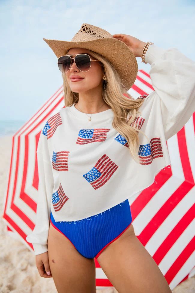 Freedom Forever Ivory Flag Patch Cropped Pullover | Pink Lily