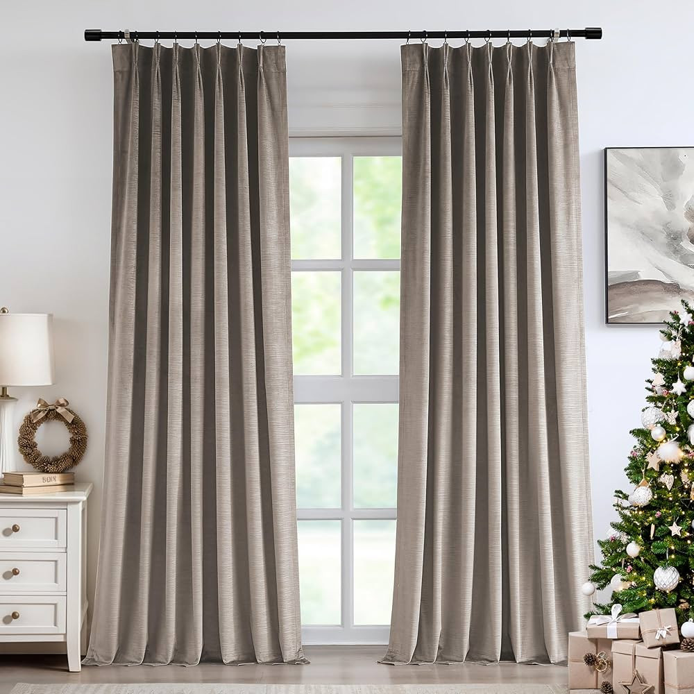 Vision Home Mocha Tan Velvet Pinch Pleated Blackout Curtains 95% Room Darkening Window Curtains 9... | Amazon (US)