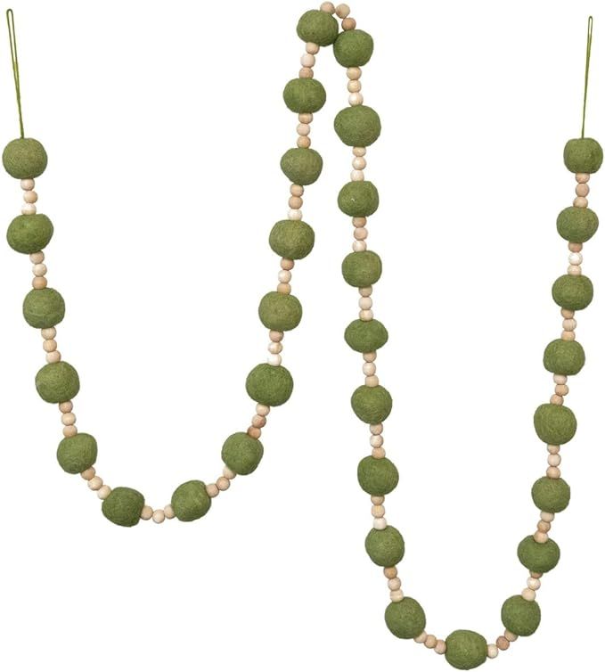 Creative Co-Op Wool Felt Ball Garland with Wood Beads, Natural and Green | Amazon (US)