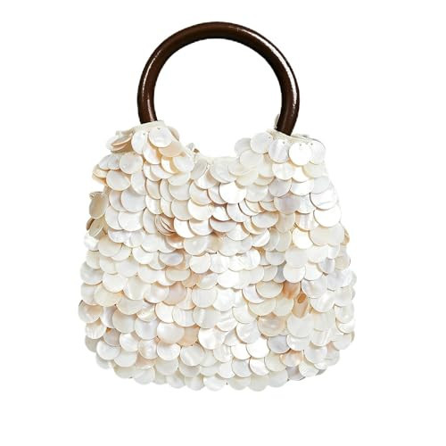 Miuco Shell Clutch Handbag Handmade Natural Seashell Purse with Wooden Handle Shell Beaded Bag for Women Beach Party Vacation | Amazon (US)