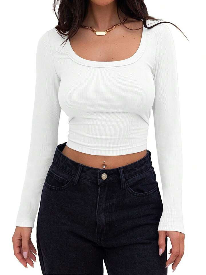 Women's Long Sleeve Square Neck Ribbed Slim Fitted Casual Basic Crop Top | SHEIN USA | SHEIN