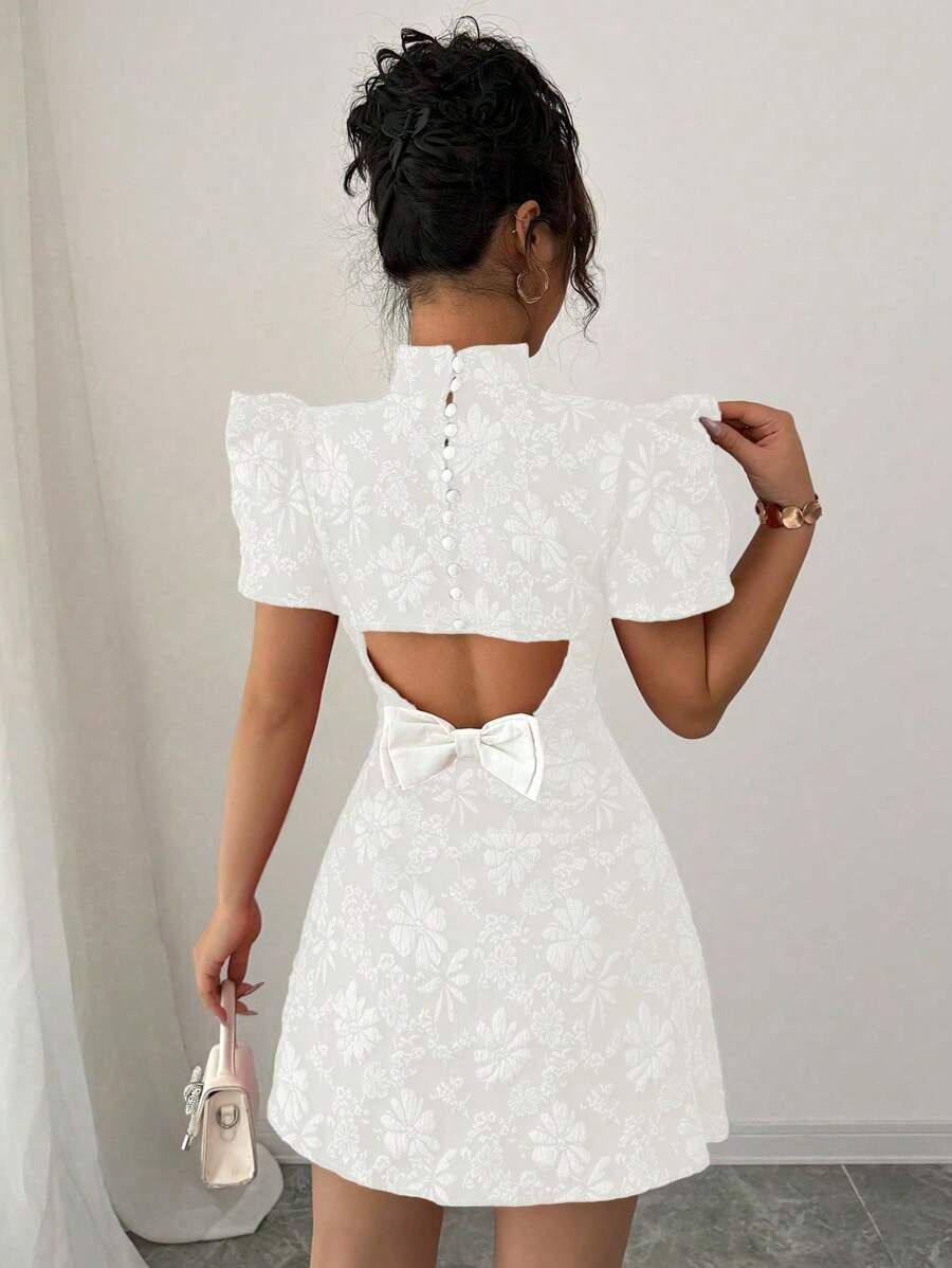 Elenzga Women's Summer Vintage Red Textured Fabric Puff Sleeve Elegant High Neck Backless Bow Con... | SHEIN