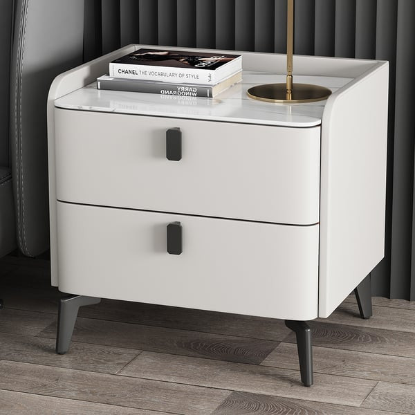 White Nightstand with 2 Drawers Faux Leather Bedside Table with Sintered Stone Top | Homary