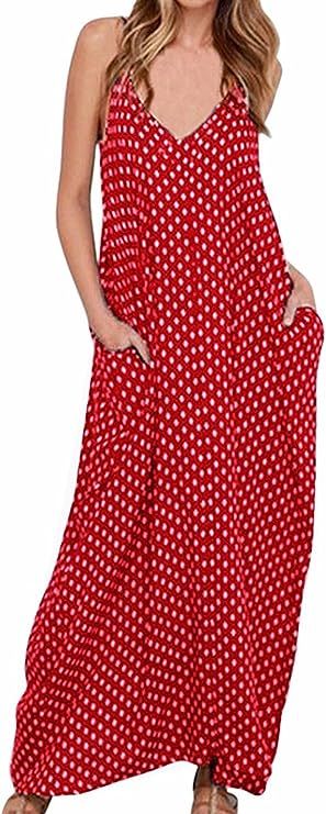 LILBETTER Women V-Neck Polka Dot Print Spaghetti Strap Boho Long Maxi Dresses | Amazon (US)