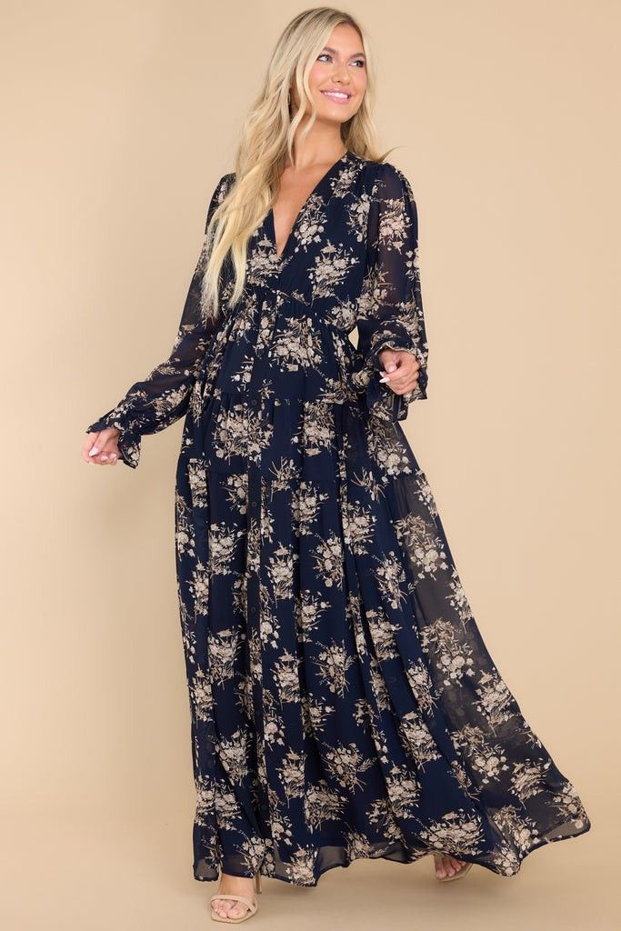 This Is It Navy And Beige Floral Print Maxi Dress | Red Dress 