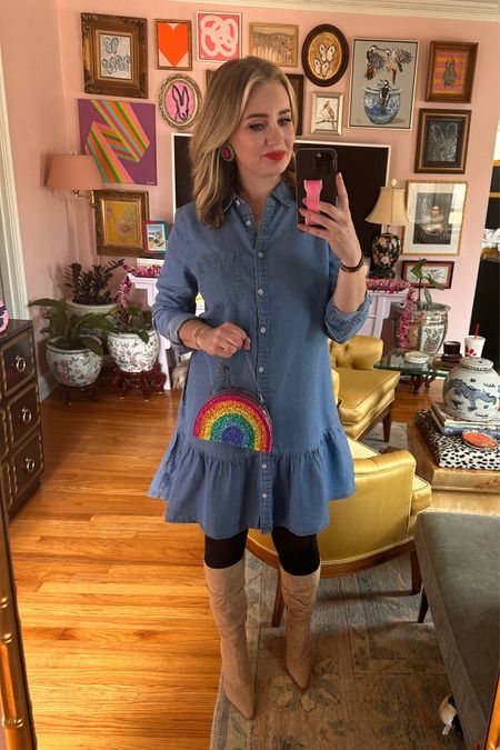 $20 chambray dress and one of my favorite rainbow clutch/purses 🌈 comment DRESS for link to this dress 

#LTKstyletip #LTKfindsunder50 #LTKfindsunder100