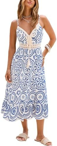 CUPSHE Womens Boho Midi Dresses Summer Spaghetti Strap Crochet Lace V Neck Drawstring Waist Beach... | Amazon (US)