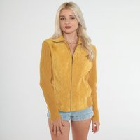 Suede Sweater Jacket Y2K Mustard Yellow Leather Moto Zip Up Coat Retro Sleek Fall Neutral Earth Tone Boho Vintage 00S Extra Small Xs | Etsy (US)