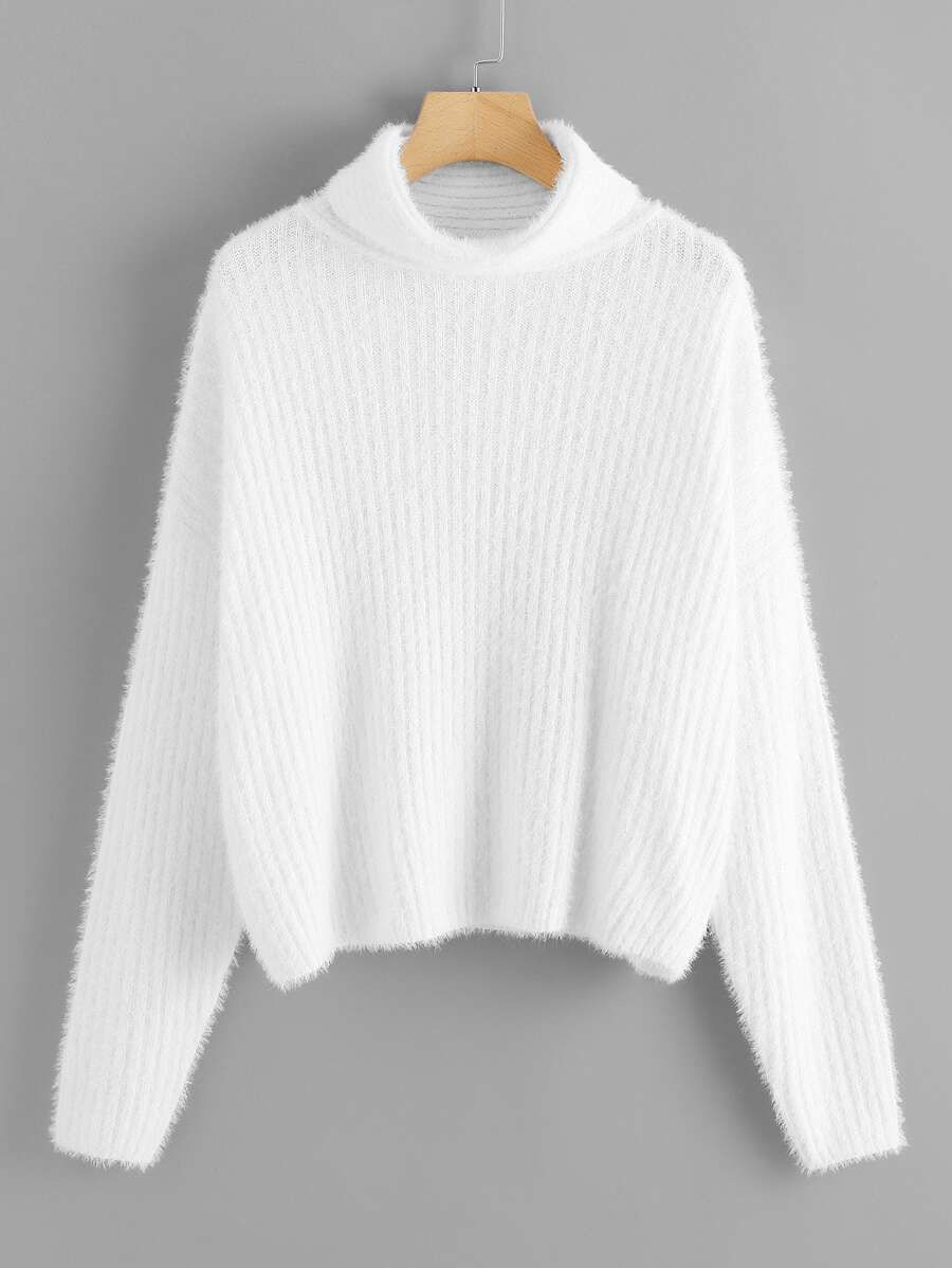 Roll Neck Rib Knit Fuzzy Sweater | SHEIN