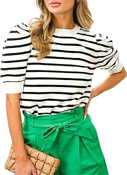 Langwyqu Womens Striped Sweaters Puff Short Sleeve Tops Crew Neck 2024 Spring Summer Trendy Casua... | Amazon (US)