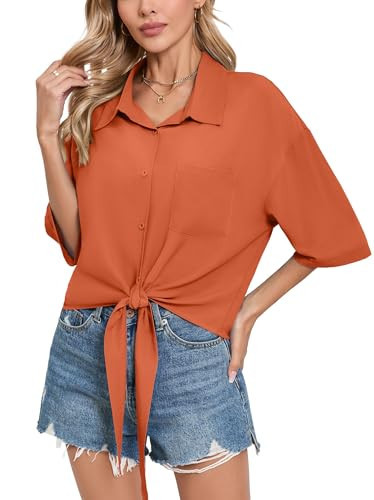 Womens Button Down Shirt Trendy Textured Short Sleeve Twist Knot Blouse with Pocket(Medium, Rust Brown) | Amazon (US)