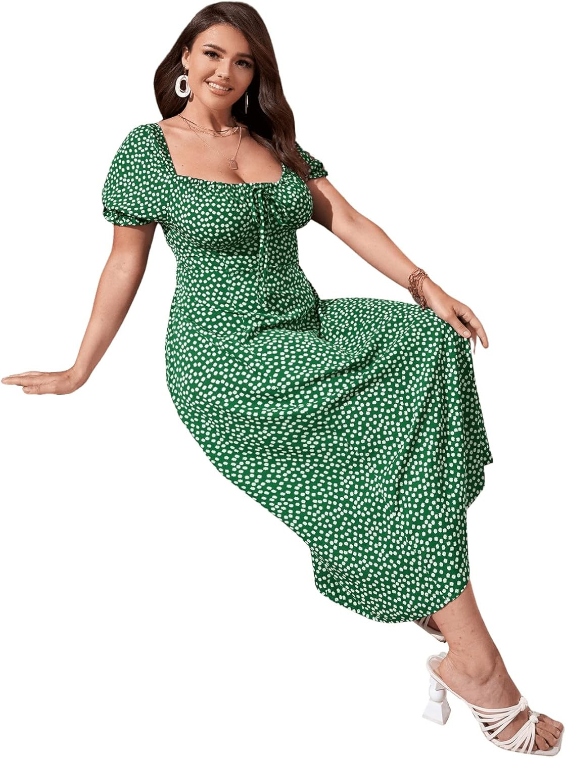 SweatyRocks Women's Boho Short Puff Sleeve Floral Dress Slit A Line Flare Midi Dresses | Amazon (US)