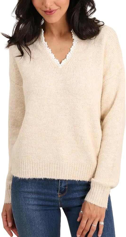Women’s V Neck Sweater with Lace Trim, Long Sleeve Soft Knit Pullover Top Casual Fall Winter Ou... | Amazon (US)