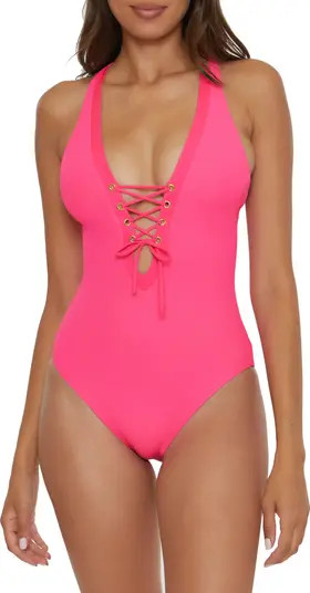 Modern Edge Ribbed Lace-Up Plunge One-Piece Swimsuit | Nordstrom