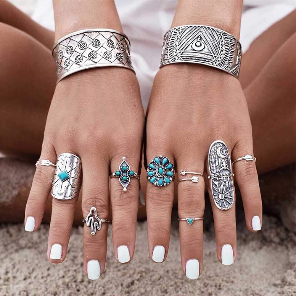 Boho Ring Set Silver Statement Rings Joint Knuckle Ring Set Midi Stacking Rings for Women and Gir... | Amazon (US)
