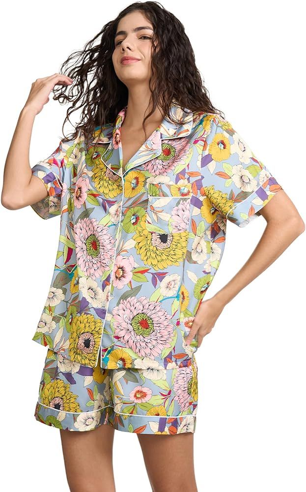 YiNi LuLu Womens Silk Satin Shorts Pajamas Set Button Down 2 Piece Pjs Short Sleeve Oversized Sle... | Amazon (US)
