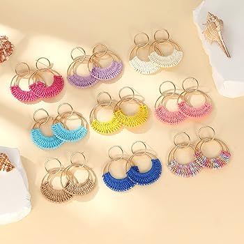 Rattan Weave Earrings Boho Summer Raffia Hoop Dangle Earrings for Women Girls Bohemian Raffia Bra... | Amazon (US)