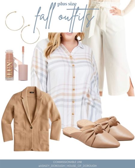 Plus size outfit perfect for fall! Neutral fall looks white dress pants camel sweater blazer blush mules

#LTKSeasonal #LTKstyletip #LTKcurves