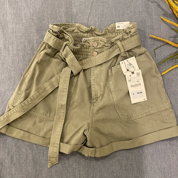 ZARA High Waisted Green Denim Paperbag Shorts | Poshmark