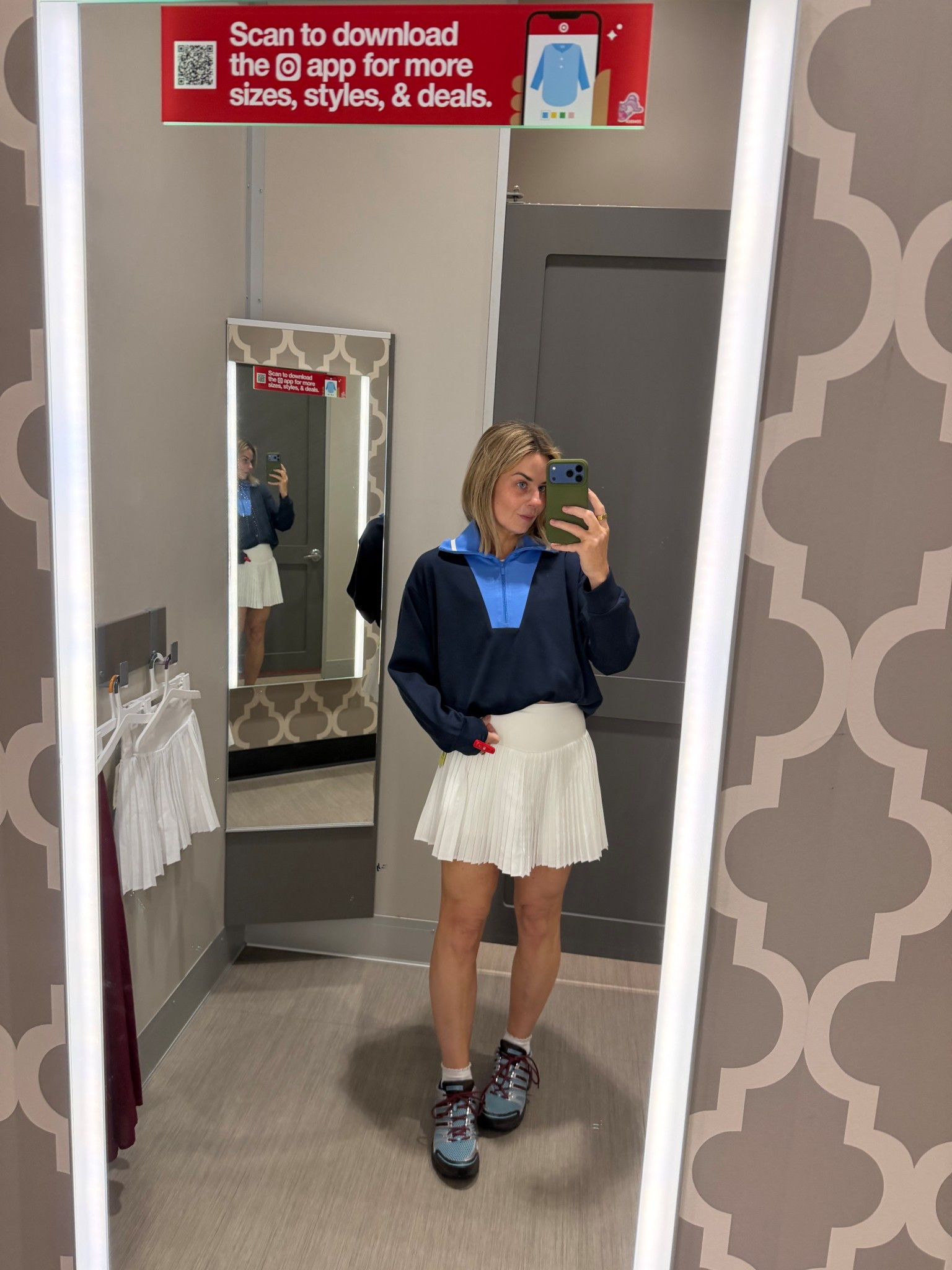 Cute golf outfit from target!! Wearing a size small skirt, medium sports bra, medium white top, and xl pullover but would rather a medium or large!  

#LTKActive #LTKOver40 #LTKmomlife