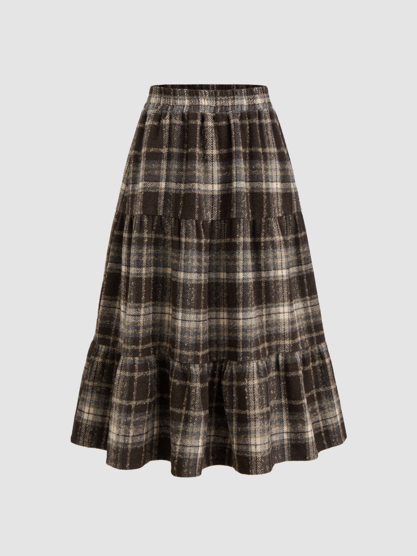 Woven High Rise Check Ruffle Tiered Maxi Skirt | Cider