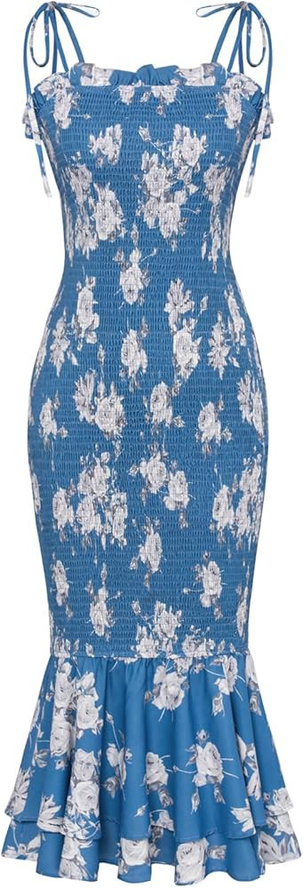 GRACE KARIN Women's 2024 Summer Floral Smocked Sundress Midi Bodycon Sleeveless Ruffle Hem Casual... | Amazon (US)