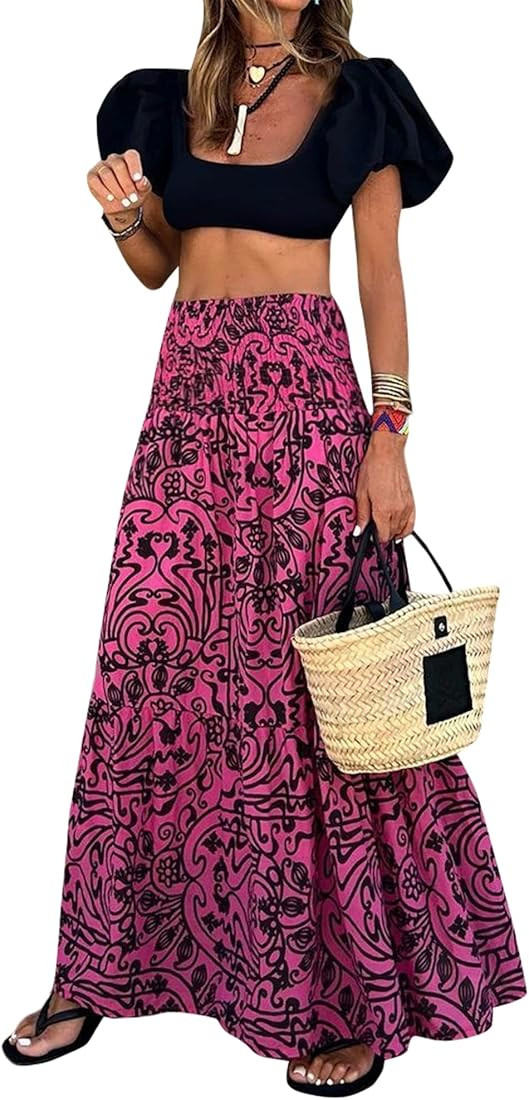HOEDS Women's 2023 Boho Floral Maxi Skirt A Line Summer Midi Skirt High Waist Long Skirt for Wome... | Amazon (US)