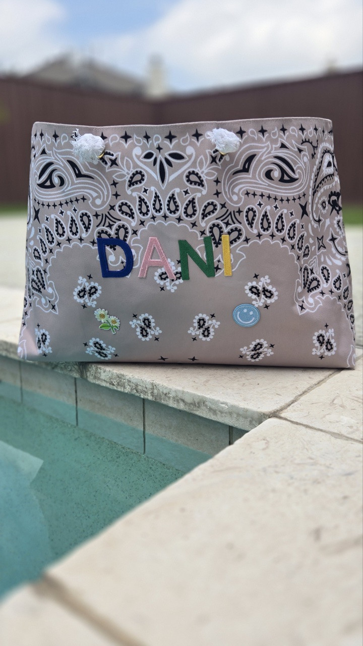 That perfect summer neutral 🤎 This sand bandana paisley tote is the ideal blank canvas — I added the name + patches myself for a custom touch. Roomy, lightweight, and elevates every pool-to-beach look. Shop it on my LTK! ✨ #LTKitbag #LTKstyletip

#LTKTravel #LTKSeasonal #LTKSwim #LTKvlog