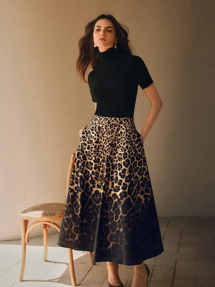 Anewsta Women Urban Chic Leopard Ombre Black Skirt Maxi Women Outfit | SHEIN