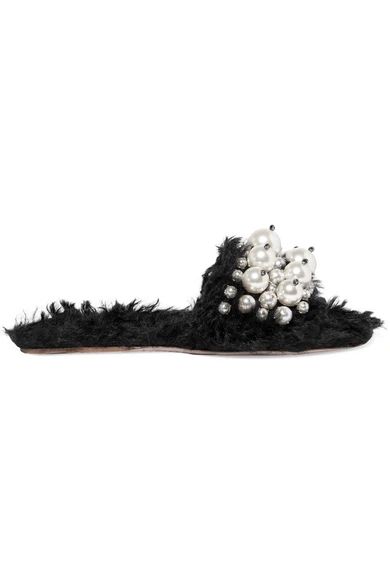 Miu Miu - Embellished Faux Shearling Slides - Black | NET-A-PORTER (UK & EU)