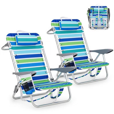 2Pcs Backpack Beach Chair,Portable Lay Flat Folding Beach Chair  with 5 Positions, Lounge Chair with Backpack Straps, Phone Pocket, Cup Holder | Target