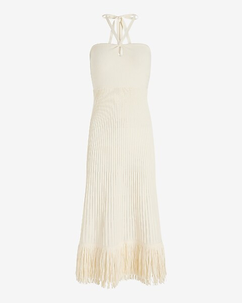 Ribbed Halter Sleeveless Fringe Midi Sweater Dress | Express