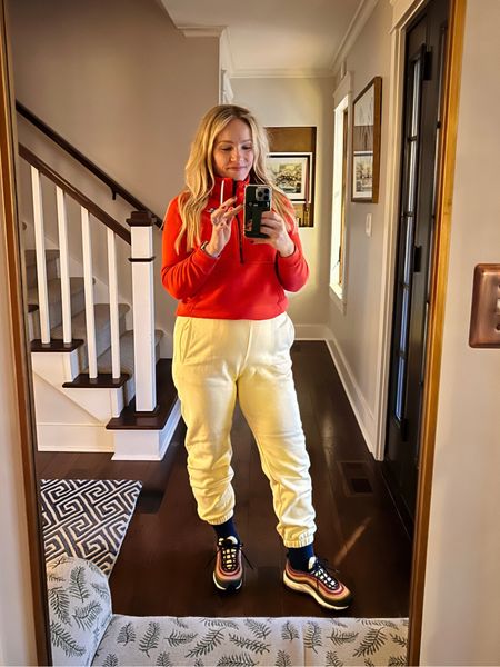 Weekend comfortable casual outfit - Nike air max sneakers, navy trouser socks, boyfriend sweatpants in on trend yellow, sweatshirt
❤️ Claire Lately 

#LTKMostLoved #LTKstyletip #LTKfindsunder50